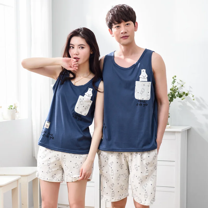 

Couples 100% Cotton Sexy Sleeveless Vest Pajama Sets Women Summer Cute Cartoon Shorts Sleepwear Pyjama Men Homewear Pijama Mujer