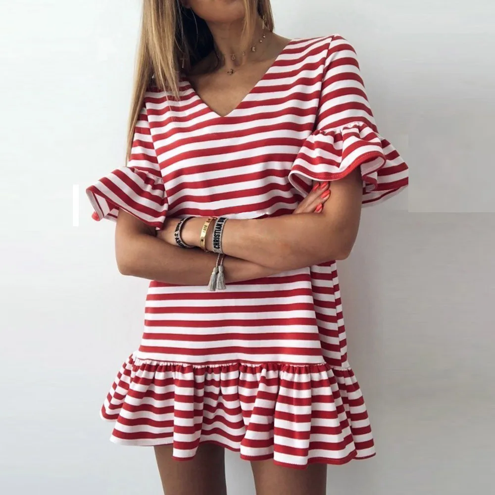 Красное платье в полоску с оборками женское сексуальное шифоновое повседневное