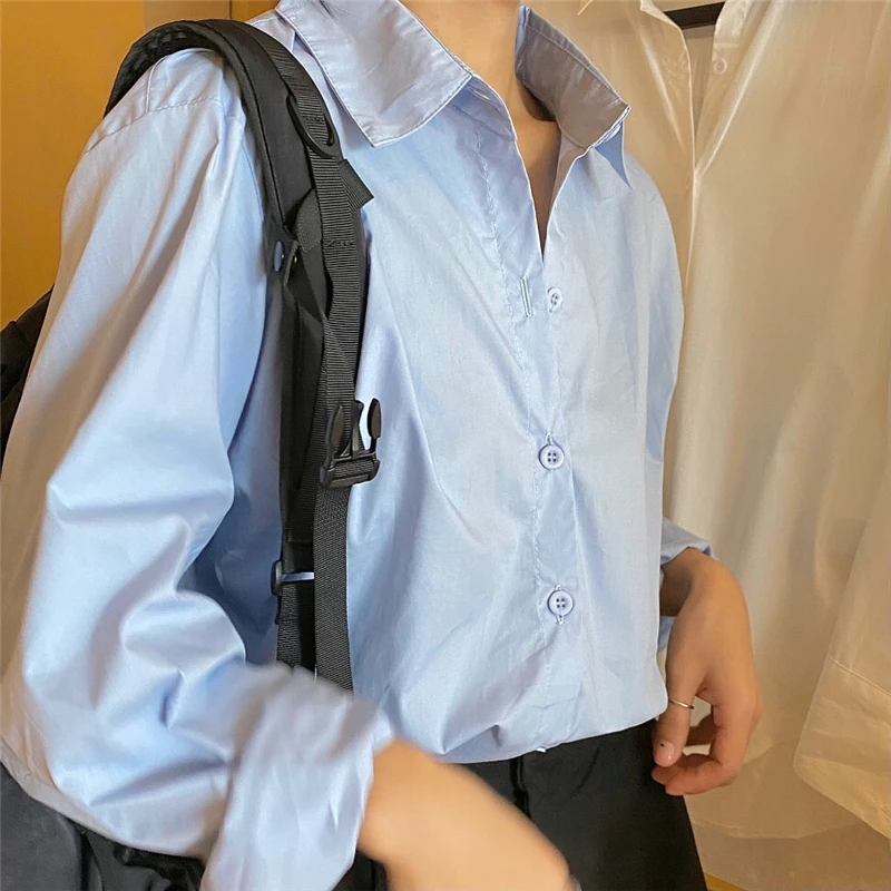 

Spring 2021 Korean Style Simple Solid Color Single-Breasted All-Match Long Sleeve Slimming Younger Shirt Women's Loose Student
