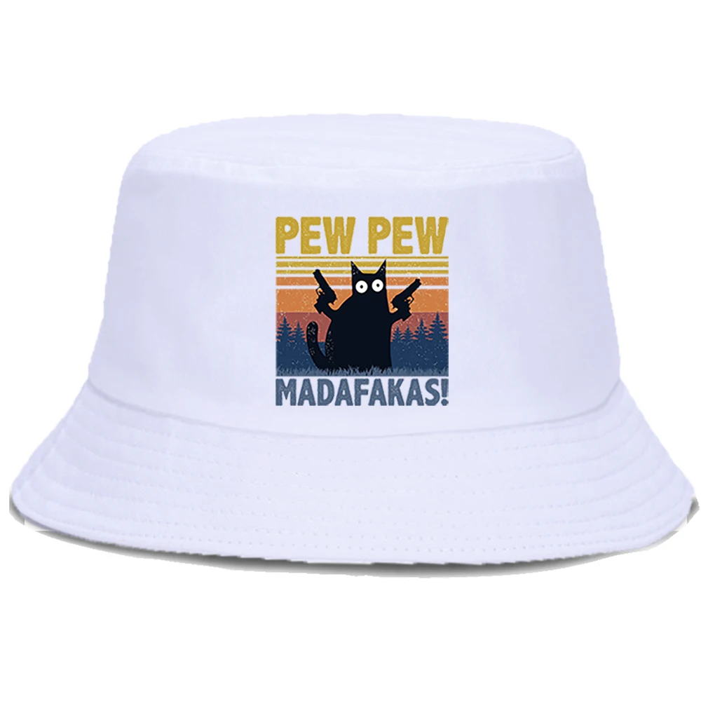 Pew Pew Madafakas Black Cat Panama Cap Sunscreen Fashion Unisex Fisherman Hat Funny Print Outdoor Bucket Caps Street Beach Hats