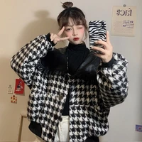 autumn and winter 2020 new fashion design sense pu leather navy collar stitching small fragrant tweed houndstooth jacket women
