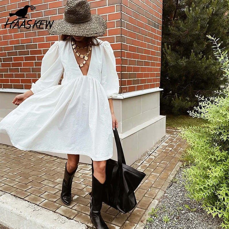 

HAASKEW Autumn Casual Mini Fit and Flare Dress Women Puff Sleeve V Neck Black Party Dresses White Buttons Long Sleeve Vestido