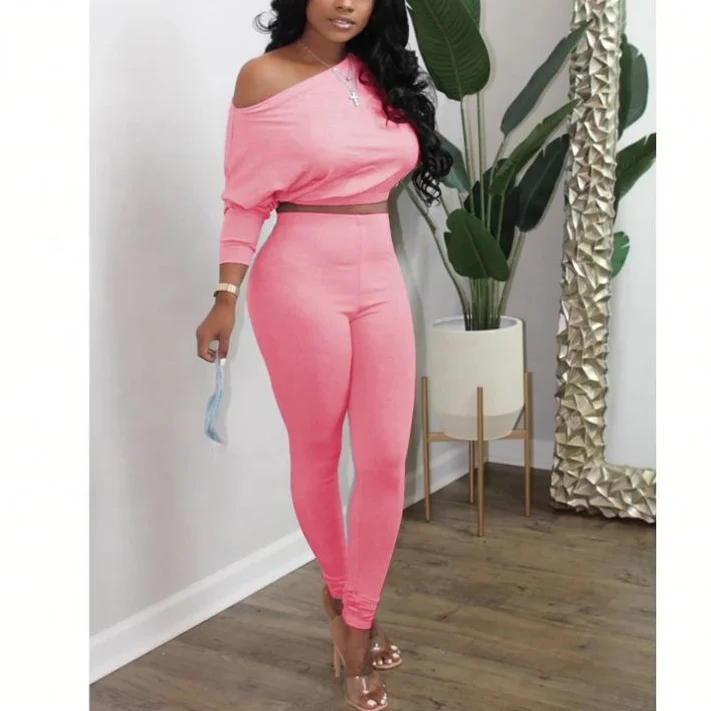 

Spring 2021 Ladies Casual Suits Fashion Off Shoulder Top Pants Twill Sweater Long Sleeve Two Piece Set