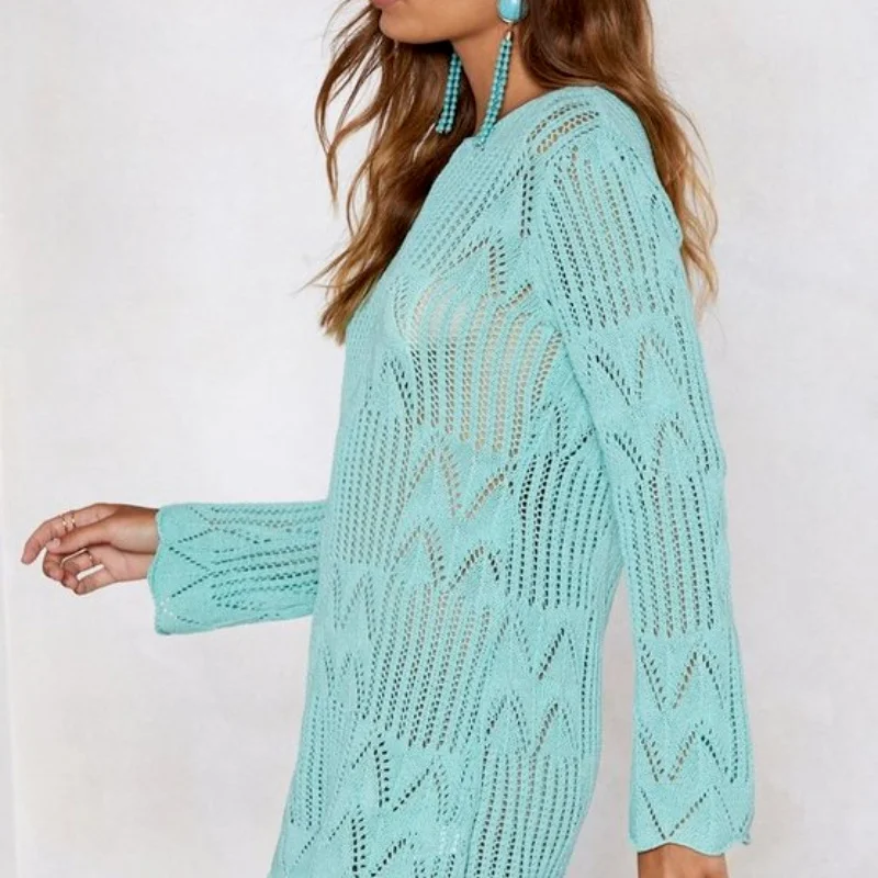 

new style long-sleeved knit hollow blouse seaside vacation bikini outer blouse swimsuit outer sun protection clothing women 2021