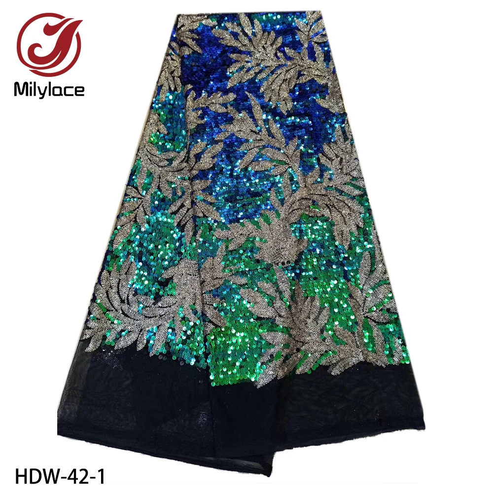 

Milylace shiny sequins lace fabric 5 yards high quality African tulle lace fabric with sequins floral for wedding party HDW-42