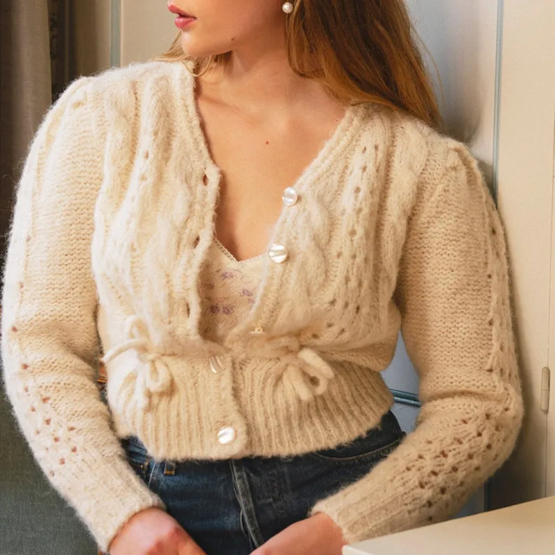 

Hollow Out Knit Sweater Cardigan 2021 New Ladies Single-Breasted Long Sleeve V Neck Sweaters Woman Autumn Vintage Outwear