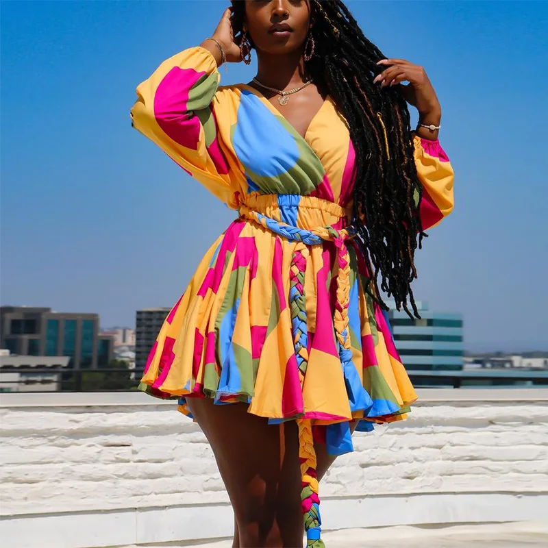 

Women Printed V Neck Long Sleeves Mini Dress A Line Pleated with Waist Belt African Summer Female Plus Size Lady Night Date