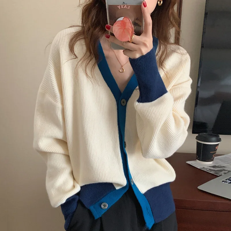 

Cashmere Sweater Cardigan V-neck Contrast Color Bonded Single Breasted And Versatile Long Sleeve Knitted Cardigan Sweater