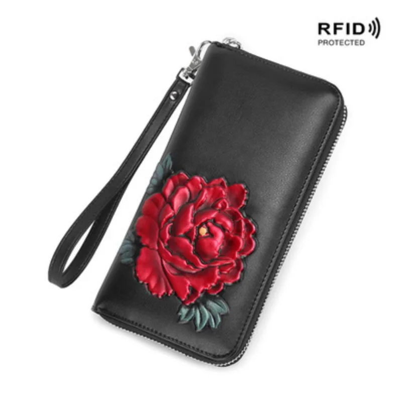 

WESTCREEK Brand Wrist Strap Women Clutch Carving and Painting Wallet RFID Blocking Wallets Long Purse with Zipper Coin Pockets