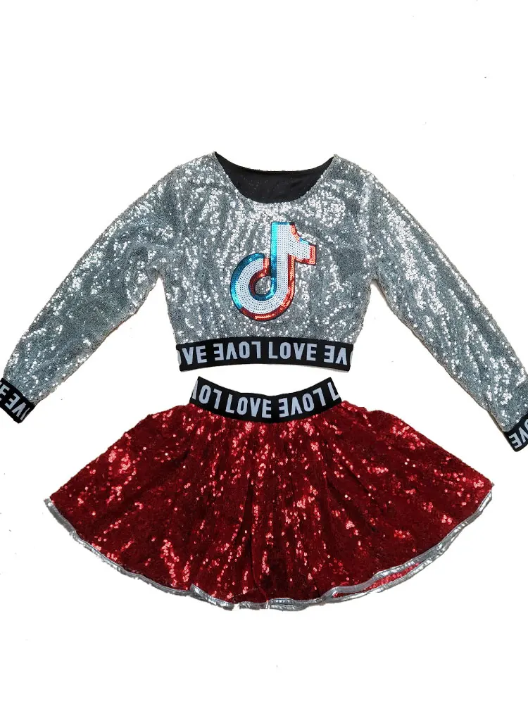 

2021 New Children Modern Jazz Dance Hip Hop Costume Boys Girls Sequined Cheerleading Performance Clothes Stage Wear 100-170cm