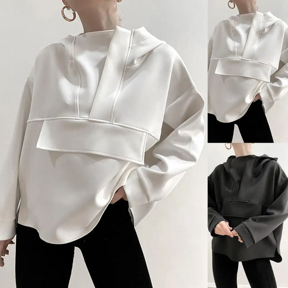 

Women Hoodie Solid Color Side Split Autumn Winter Long Sleeve Irregular Hem Sweatshirt for Daily Wear