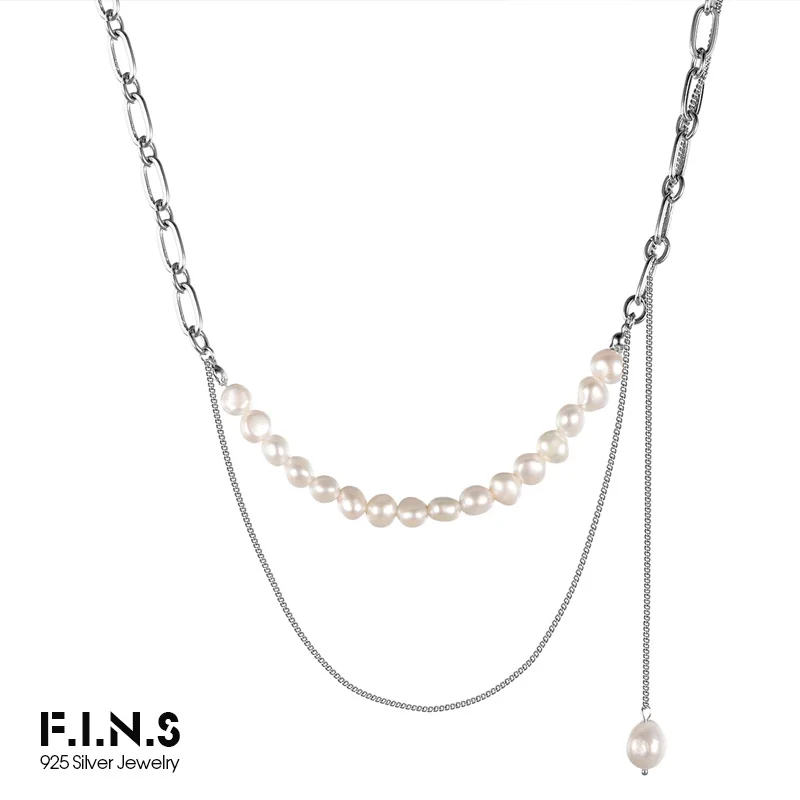 

F.I.N.S Stylish Cuban Curb Chain Hand-Made S925 Sterling Silver Necklace Baroque Freshwater Pearl Layered Long Pendant Necklace