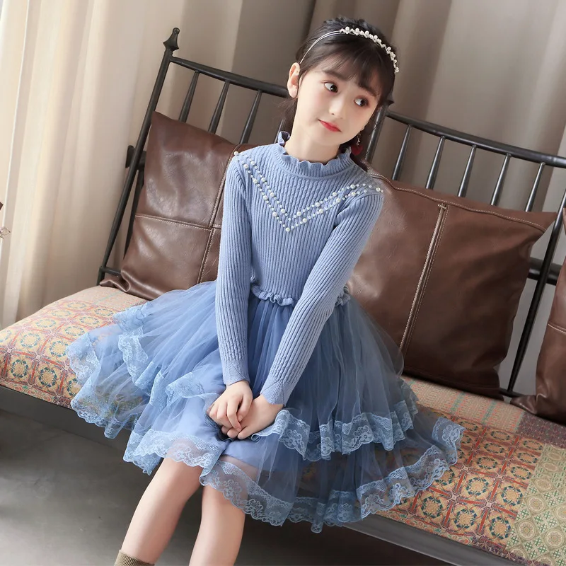 

Kids Sweater Dresses For Girls Pearls Girl Knitted Patchwork Mesh Dress Autumn Children Long Sleeve Princess Dress For Girls