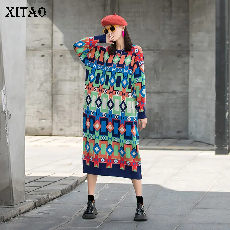 

XITAO Knitting Splicing Dress Contrast Color Geometric Pattern 2021 Autumn New Fashion Loose Long Sleeve Pullover Women WMD2671