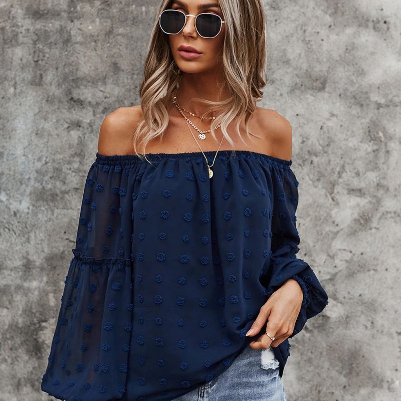 

Spring/Autumn Thin Ladies Fashion Sexy One-line Neck Strapless Solid Color Three-dimensional Fur Ball Printing Pullover T-shirt