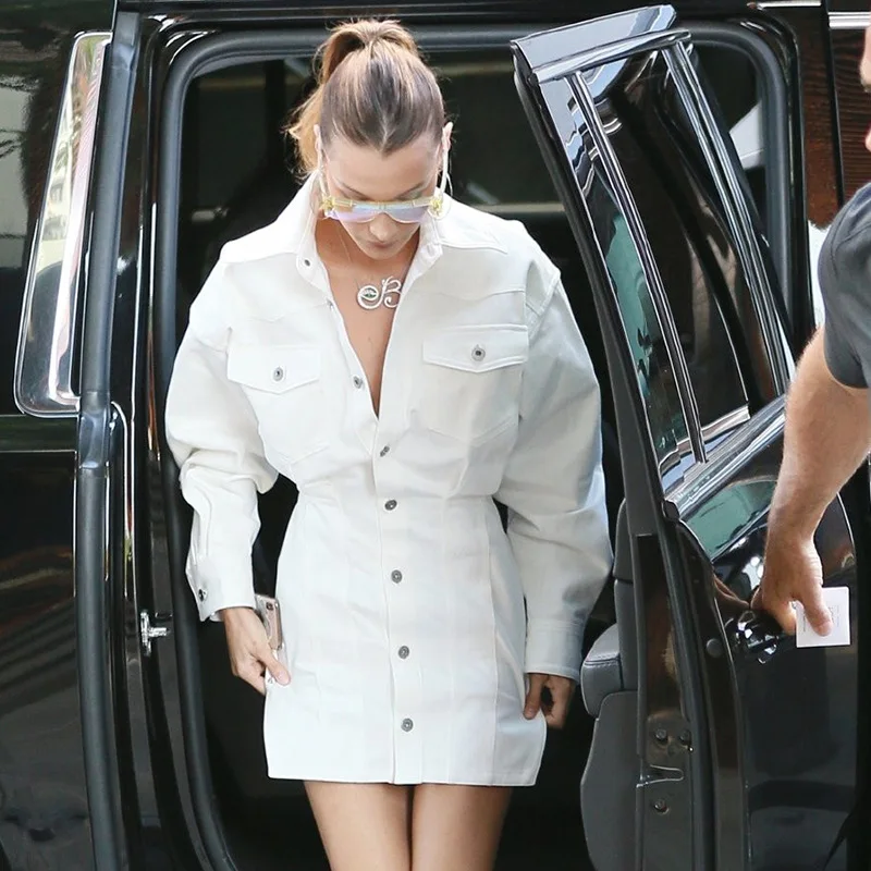 Winter Celebrity White Single-breasted Denim Jacket Dress Women Long Sleeve Jeans Lady Sexy Club Party Mini Vestidos | Женская одежда