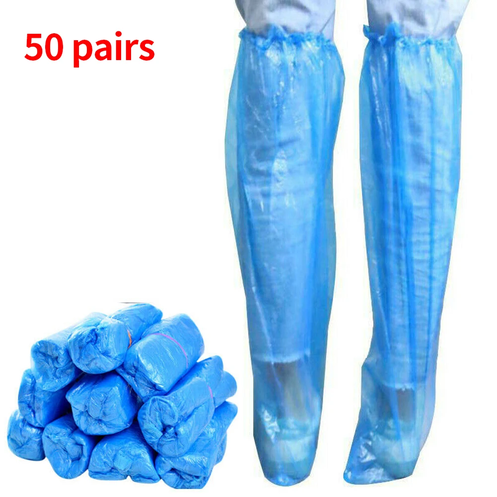 

50pairs PE Disposable Shoe Cover Travel Waterproof Anti Slip Hiking Long Overshoe Rainy Day Protective Outdoor Camping Universal