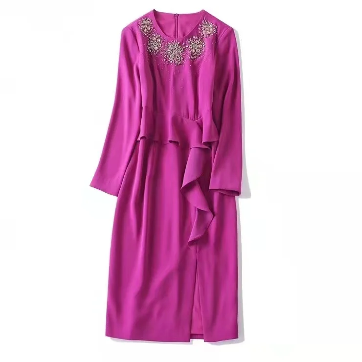 

Женская одежда в европейском и американском стиле, Новинка осени 2022, модное платье с длинным рукавом и круглым вырезом, воланами и разрезом