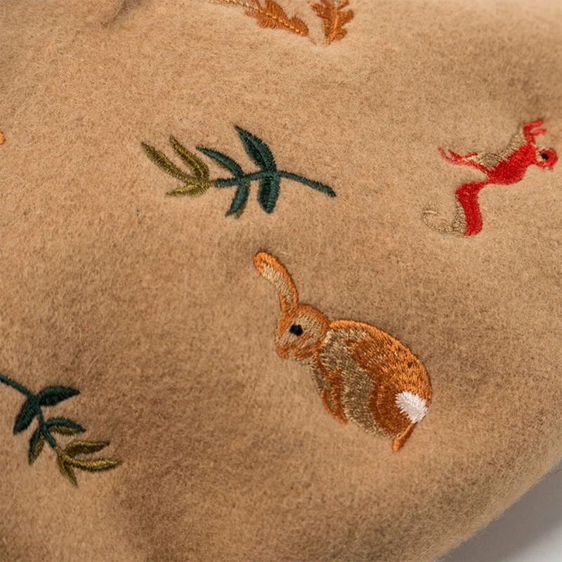 

Autumn Winter Faux Wool Beret Elegant Rabbit Squirrel Embroidery Beanie Hat Breathable Artist Painter Cap For Daily Wear, Party