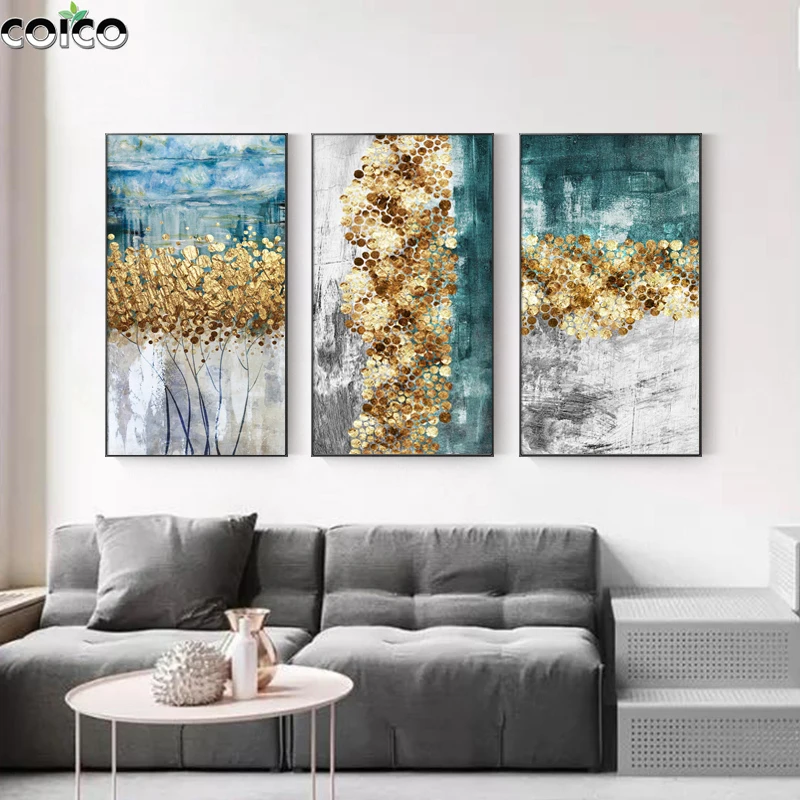 

Fortune Tree Oil Painting with Frame Abstract Blue Gold Wall Art Canvas Picture Modern Print Home Decor Poster for Living Room