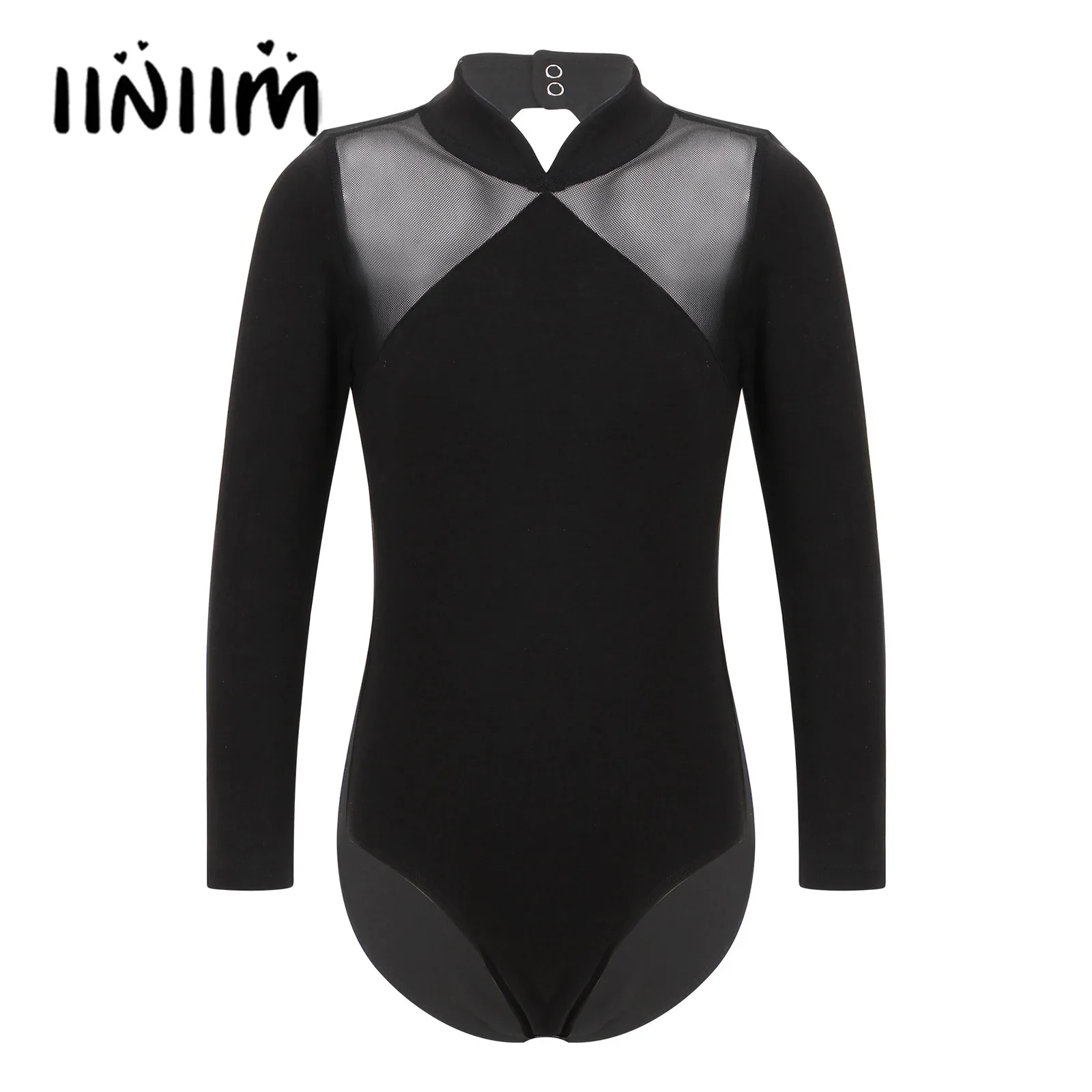 

Kids Girls Ballet Leotards Simple Hollow Back Button Closure Dancewear Long Sleeve Stand CollarGymnastics Ballet Leotard Costume