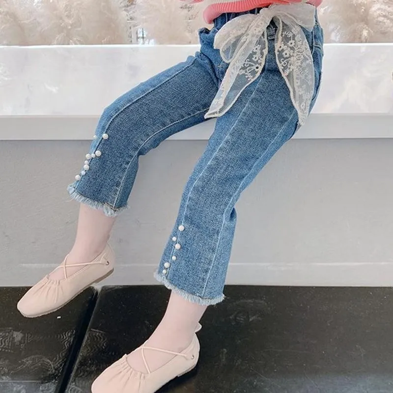 

Pearl Ribbon Jean Pocket Spring Autumn Trousers Long Pants For Girls Boys Sport Children Kids Clothing Teenagers High Quality