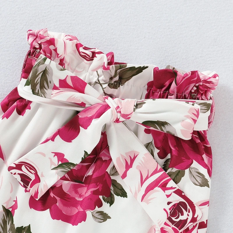 

Explosive Ruffled Multicolor Tops Flower Print Pants Hairband Three-piece Set