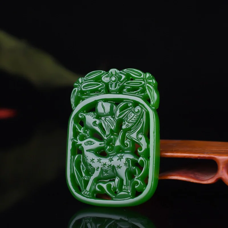 

Natural Green Double-sided Hollow Carved Sika Deer Jade Pendant Fashion Boutique Jewelry Men and Women Crane Necklace Accessorie