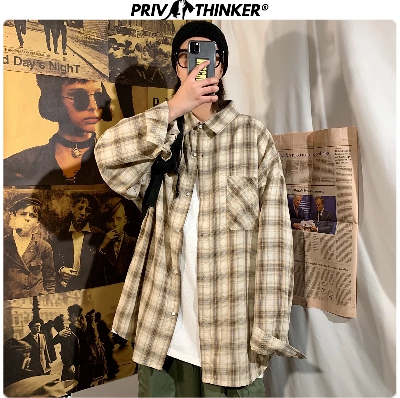 Privathinker Men Spring Long Sleeve Plaid Shirt Mens Office Korean Loose Shirts Male Fashion Harajuku Clothing New Teen 2020 | Мужская
