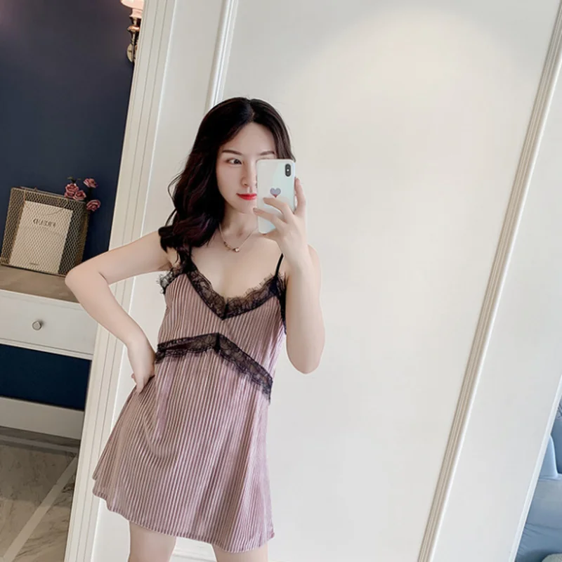 

Solid Sexy Women Two Pieces Nightgown Sets Spaghetti Strap Lace Printing Velvet Sleep Dress Long Sleeve Cardigan Robes Homewear