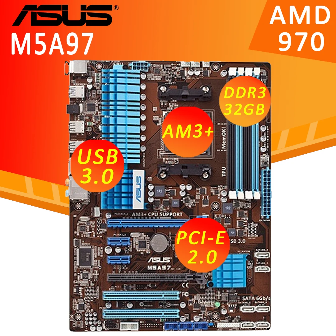 

Socket AM3+ Asus M5A97 Motherboard DDR3 32GB PCI-E 2.0 CrossFireX USB2.0 AMD FX Phenom II Athlon PC AMD 970 Placa-Mãe AM3+ Used