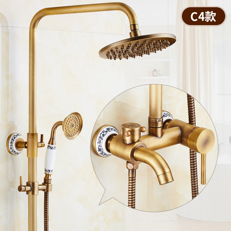 zgrk antique rain shower faucets set with hand wall mounted brass shower mixer for bathroom bath rainfall shower set free global shipping