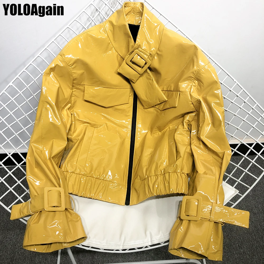 Женская блестящая кожаная куртка yoloager из натуральной овечьей кожи с воротником