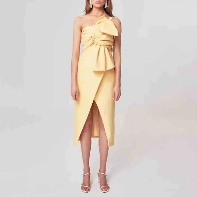 

Fashion Womens Design 2020 Summer New Elegant One Shoulder Asymmetric Bow Split Dress High Waist Patchwork Female B619