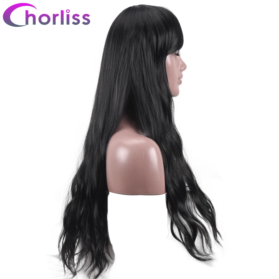 Парики длинные волнистые с полной бахромой синтетические натуральные косыми