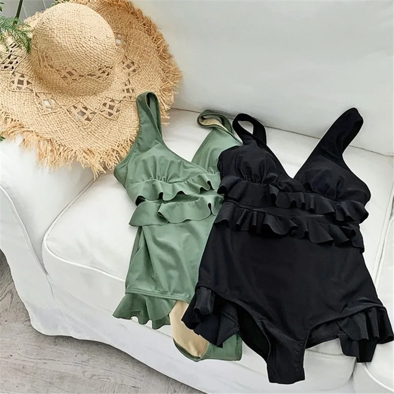 

2021 New One-piece Swimsuit Women Ins Style Retro Simple Pure Color Bikini Hot Spring Swimsuit Women