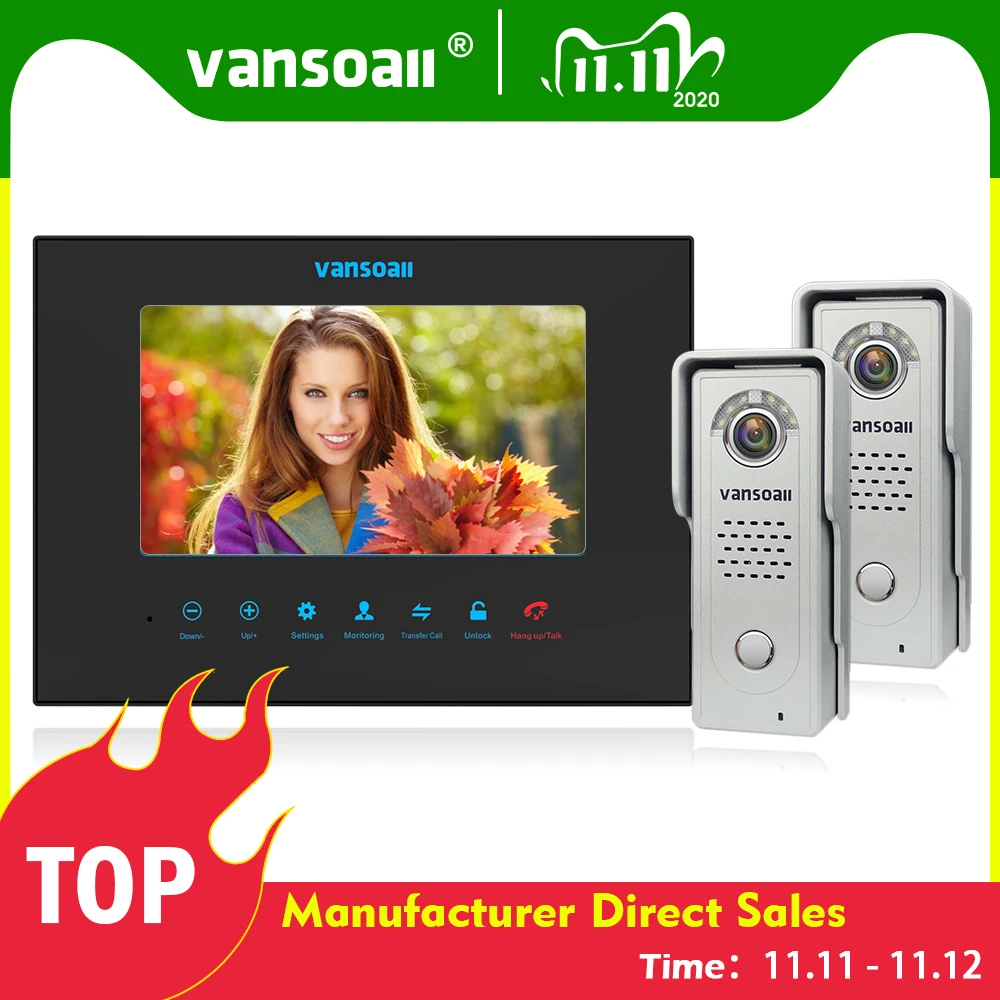 Vansoall Black Video Intercom Systeem Kit 7 Inch Deur Monitor Video Deurtelefoon Intercom 1200TVL Opname Call Panel Deur Viewer