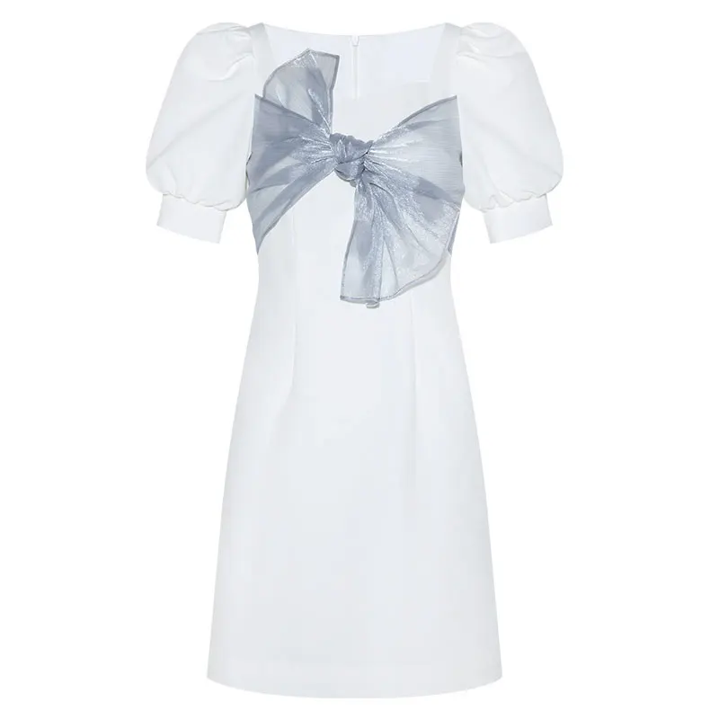 

Square Neckline Knotted Bow Puff Sleeve Slim Fitted White Sheath Dress