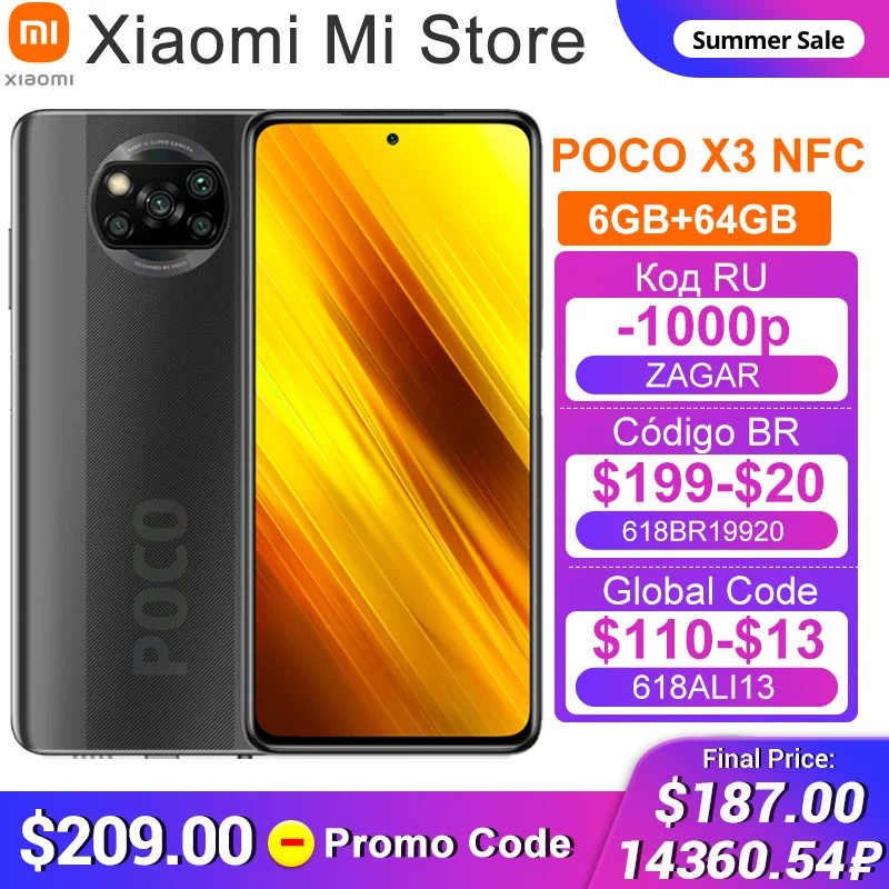 Глобальная версия Xiaomi POCO X3 NFC Смартфон 6 ГБ оперативной памяти 64 Гб встроенной