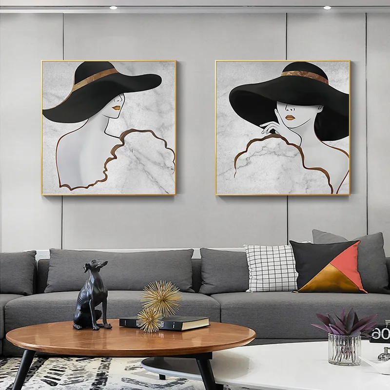 Модная белая и черная нежная девушка в шляпе абстрактная Современная