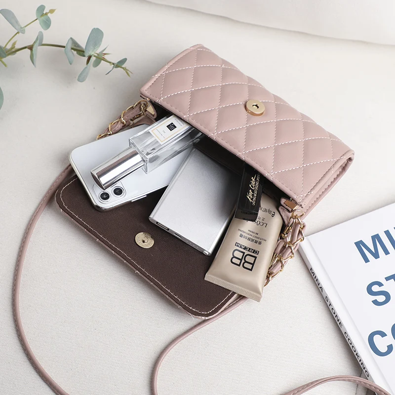 

Pink Color leather Chain purse Small PU Leather Crossbody Bags For Women lattice Shoulder Messenger bag Ladies clutch Handbags