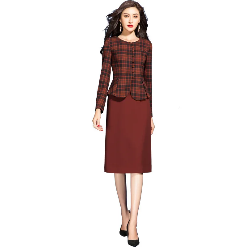 

Women Suits Elegant Office Ladies Formal Work Business Wear Vintage Plaid Blazer Jacket Plus Size Knee Length Dress 2 Piece Set