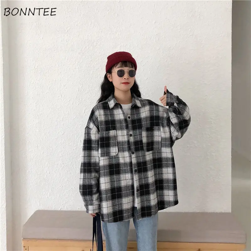 

Women Shirts Spring Autumn Female Outwear Plaid Classic Loose All-match Fashion BF Ulzzang Chic Ins Cotton Cozy Daily Casual New