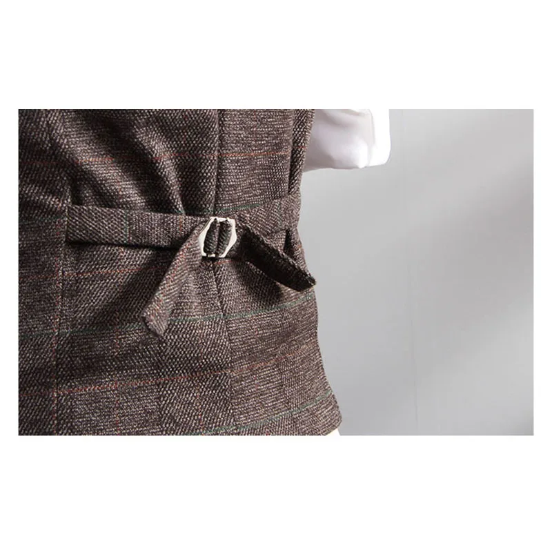 

England Vintage Men Plaid Blazer Vest Slim Fit Smart Casual Business Sleeveless Suit Jacket Bridesman Wedding Fashion Waistcoat