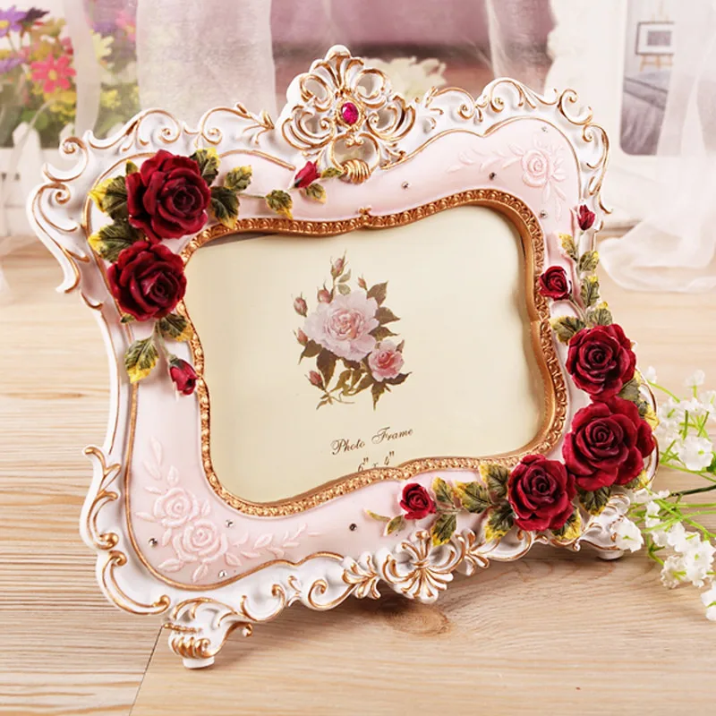 

6/7inch Photo Frame European Style Resin Rose Flower Picture Frame Oval Rectangle Shape Frames for Wedding Gifts Home Decor