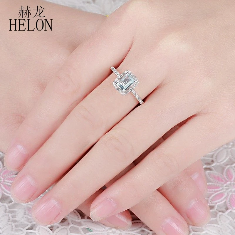 HELON Solid 14K белое золото AU585 изумруд огранка 1ct Натуральный аквамарин бриллианты обручальные драгоценные камни для женщин ювелирные украшения кольцо