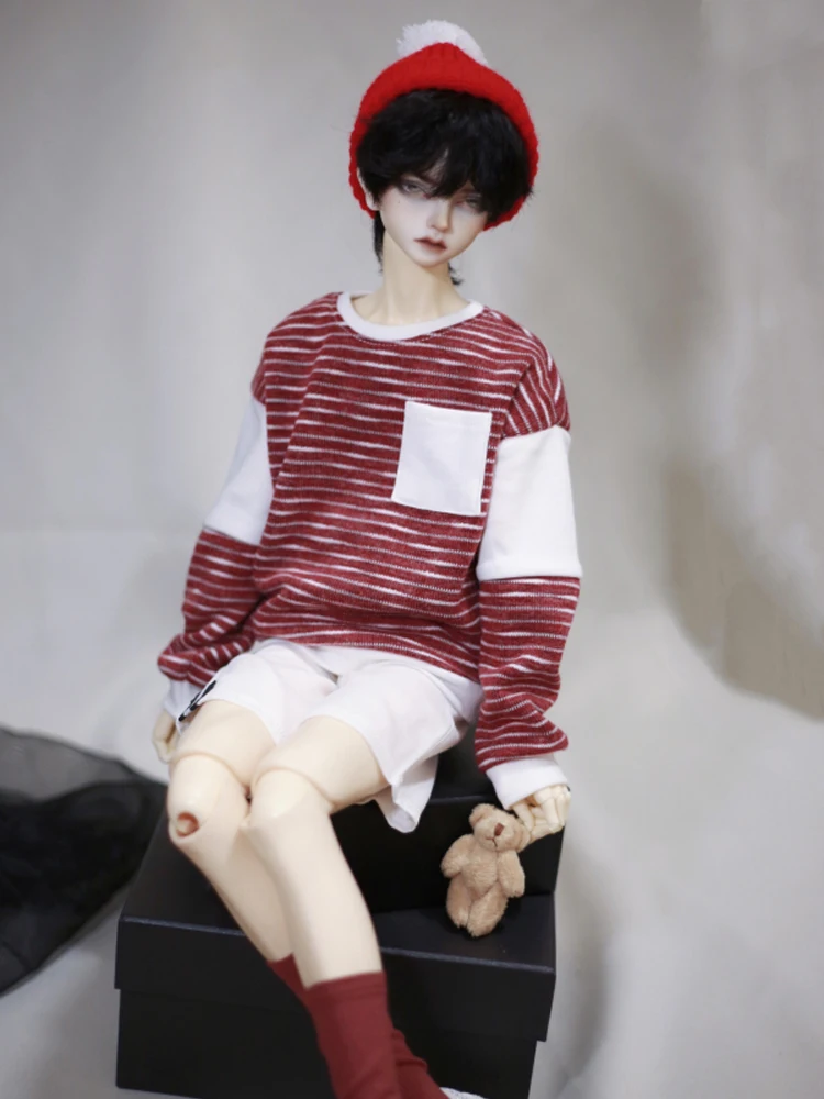 Stripes Long-sleeved T-shirt Patchwork Pattern Knit Hoodie Tops Red Black  For 1/3 1/4 Uncle Accessories