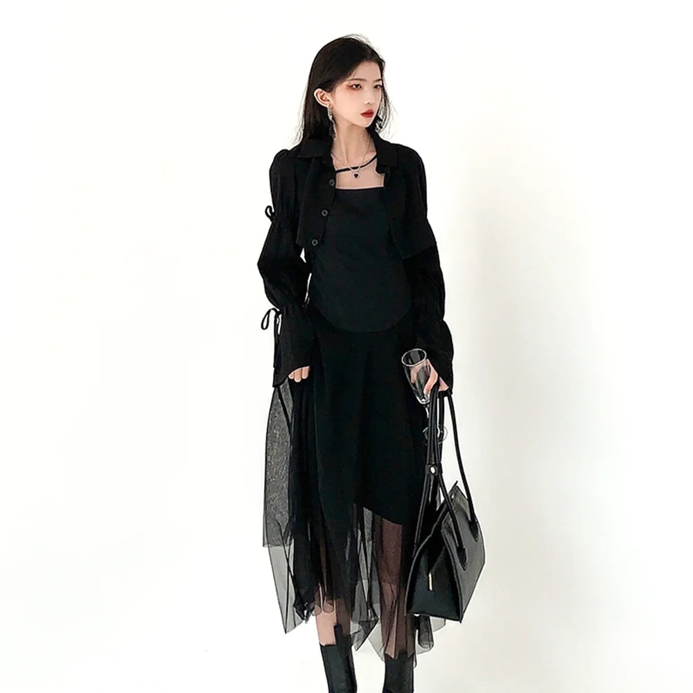 Vestido de verano de estilo coreano para mujer, vestido negro con tirantes, estilo oscuro, para fiesta, talla grande, 2021