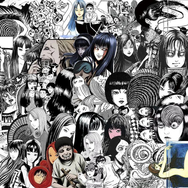 

50 pieces Horror Comic Sticker Black and White Japan Anime Tomie Skateboard Repeatable Luggage Laptop Waterproof Sticker