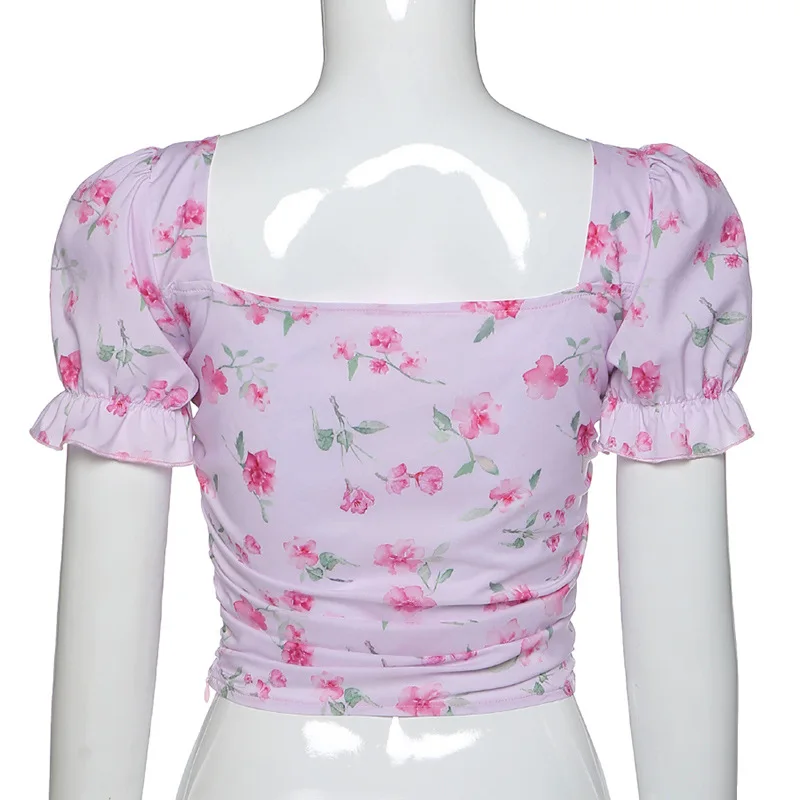 

2020 Summer women's square collar printed short-sleeved open back short T-shirt